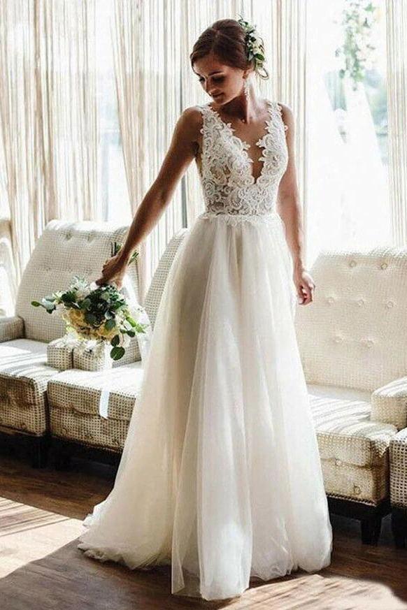 Lace Appliques Tulle Boho Bridal Gowns Backless A-line Beach Wedding Dress  DTW396 –