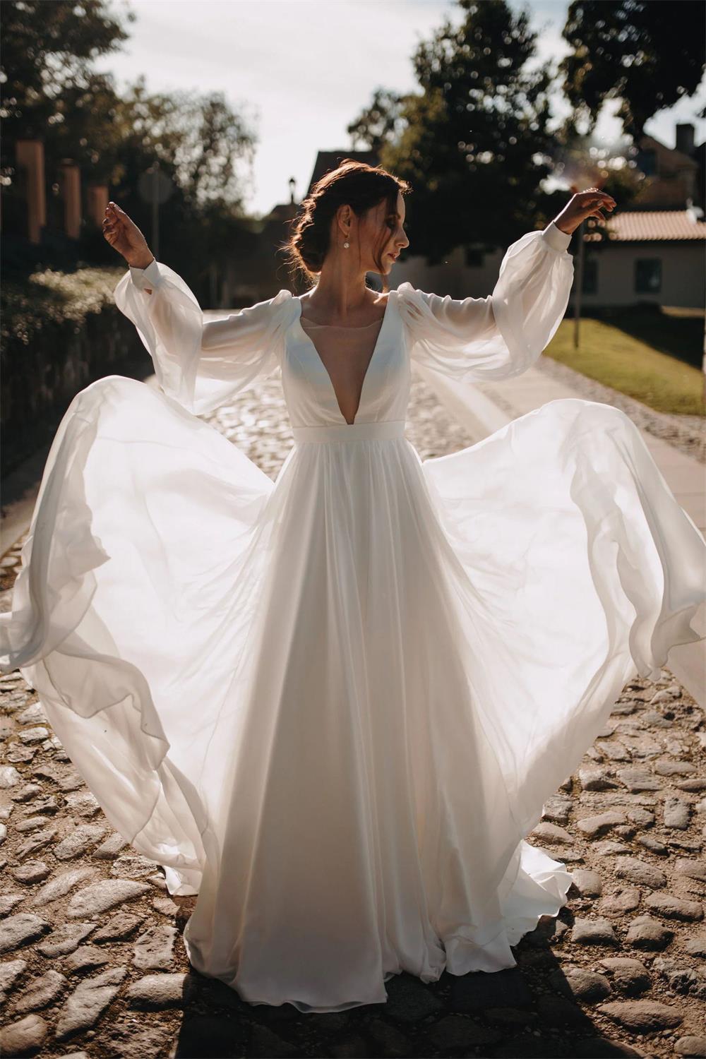 Beautiful Chiffon Wedding Gown Long Puff Sleeves Beach Wedding Dress