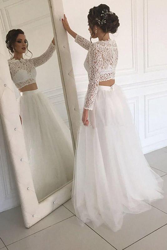 Long Sleeve Lace Ivory Two Piece Tulle Boho Beach Wedding Dresses DTW20 –