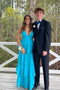 Spaghetti Straps Blue Prom Dress A Line Chiffon Tiered Evening Dress with Cutout