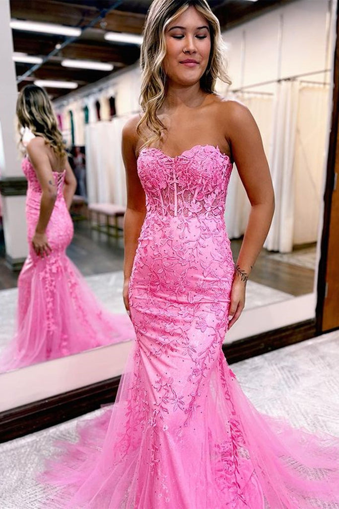 Strapless Pink Mermaid Lace Prom Dress With Beaded Tulle Pink Long Ev DressTok