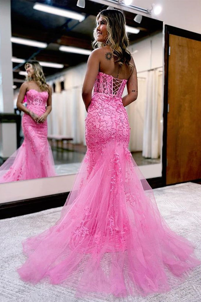 Strapless Pink Mermaid Lace Prom Dress With Beaded, Tulle Pink Long Evening Dress