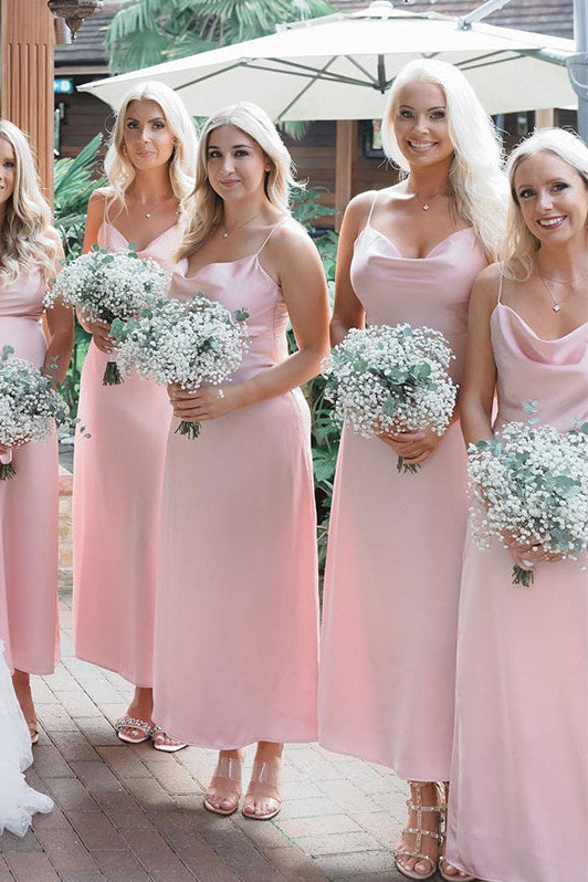 Elegant Spaghetti Straps Pink Tea-Length Satin Bridesmaid Dresses