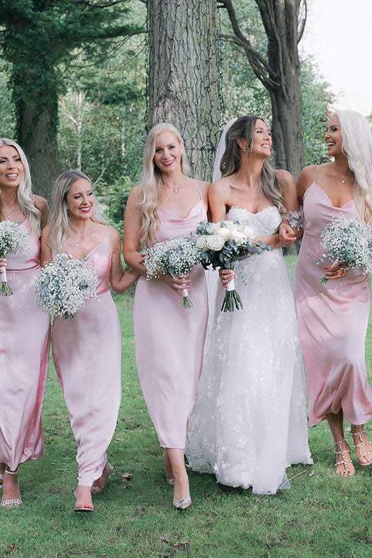 Elegant Spaghetti Straps Pink Tea-Length Satin Bridesmaid Dresses