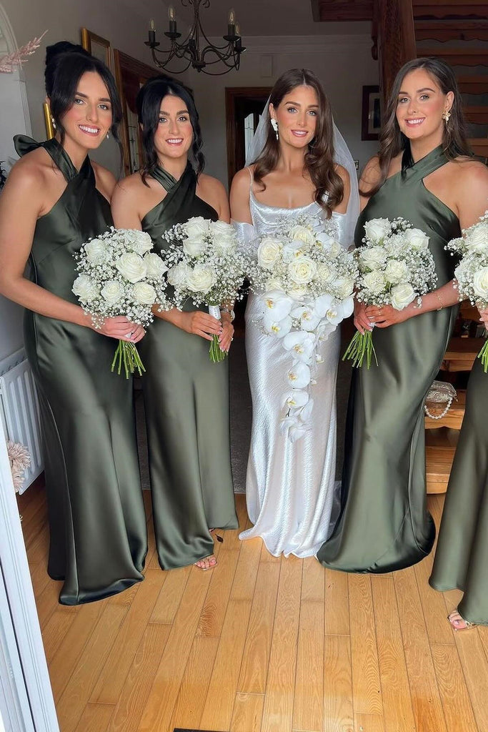 Halter Green Sleeveless Sheath Long Bridesmaid Dresses with Satin