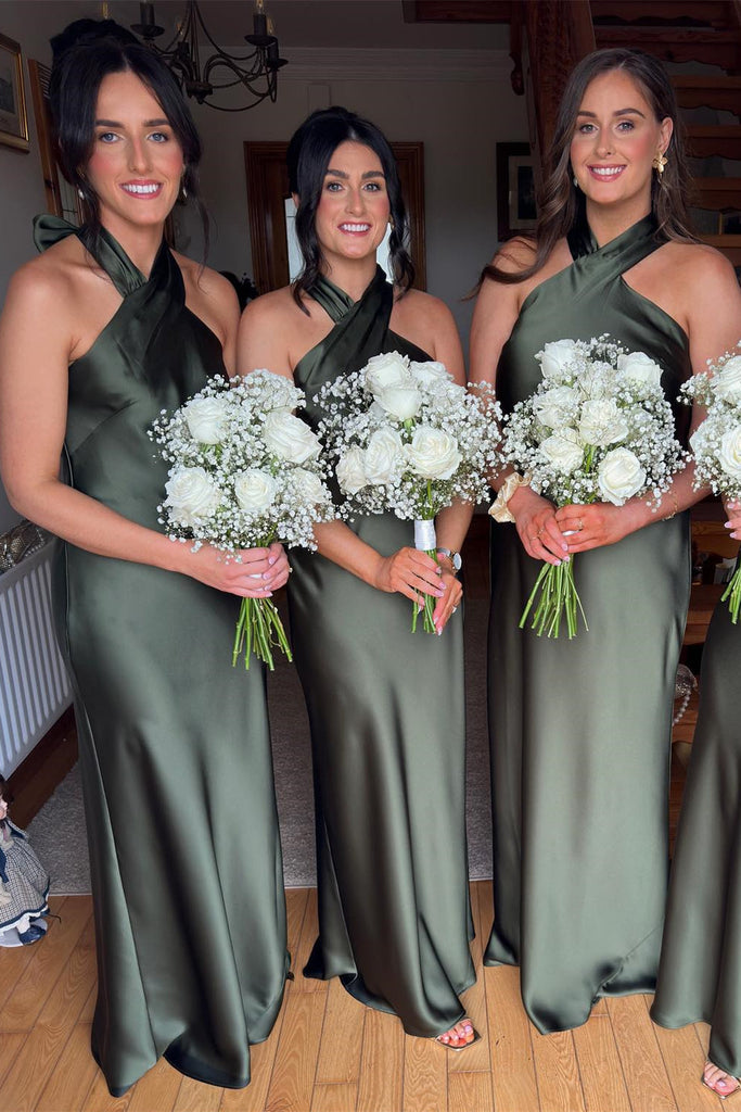 Halter Green Sleeveless Sheath Long Bridesmaid Dresses with Satin