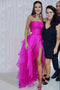 Strapless Hot Pink Organza Layers Long Evening Dress With Split