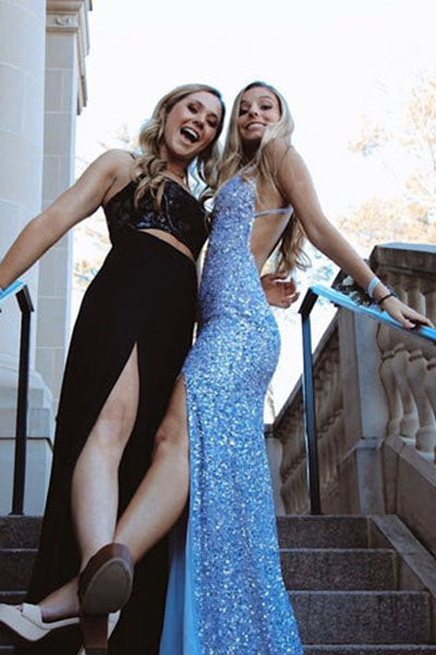 Sparkly Blue V Neck Long Prom Dress With Split, Mermaid Formal Dress