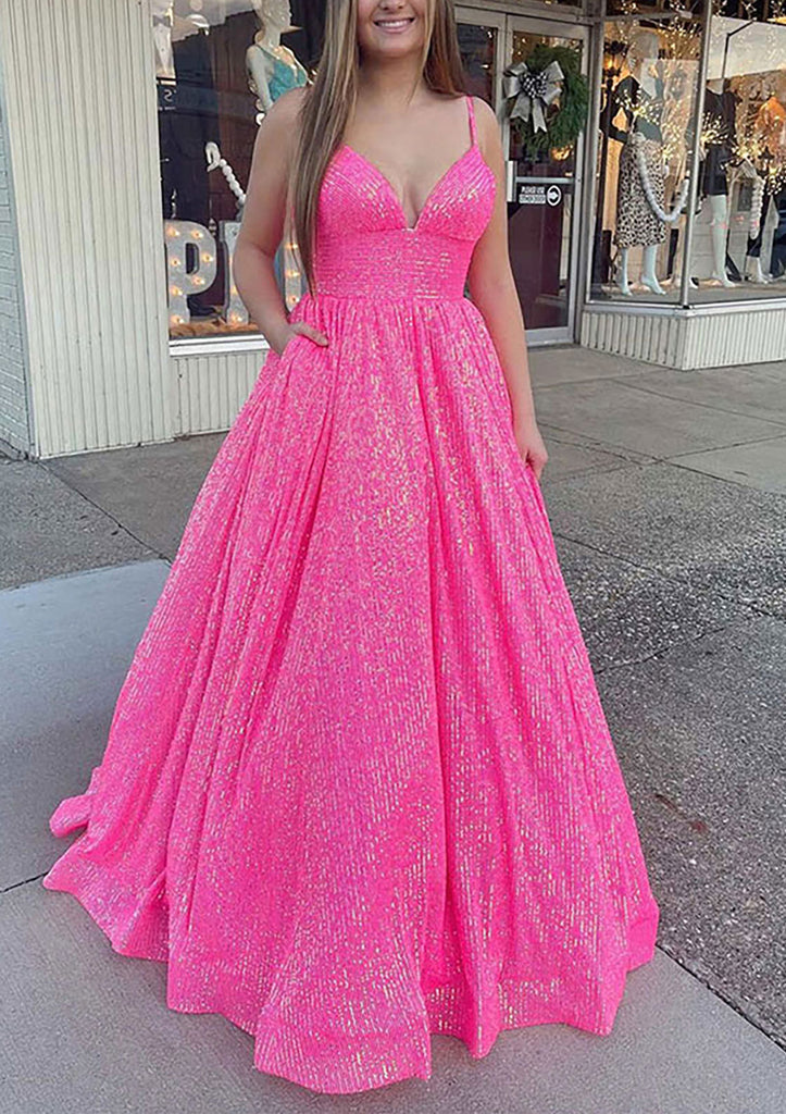 Spaghetti Straps Pink V Neck Pleated Long Prom Dresses With Sequins