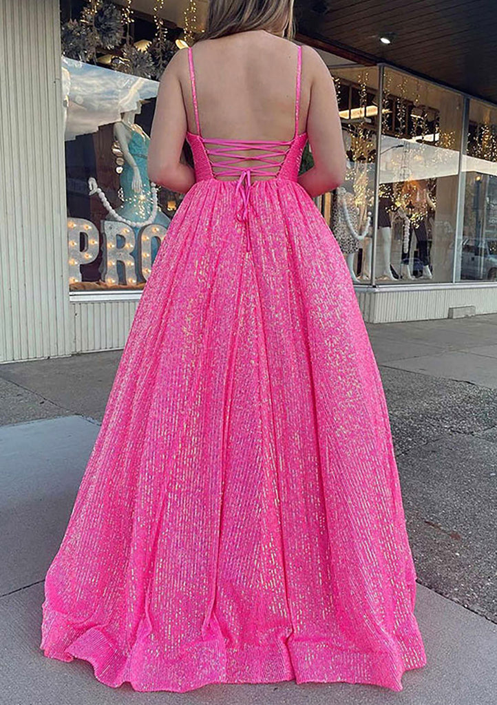 Spaghetti Straps Pink V Neck Pleated Long Prom Dresses With Sequins