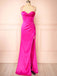 Spaghetti Straps Fuchsia Ruched Satin Long Prom Dresses With Split