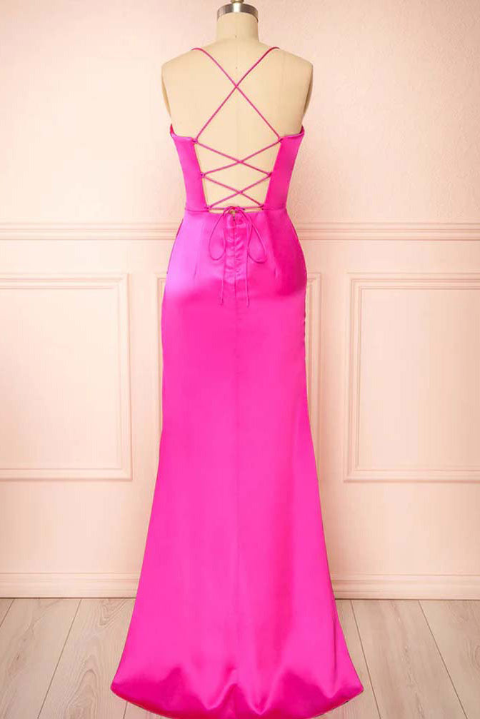 Spaghetti Straps Fuchsia Ruched Satin Long Prom Dresses With Split