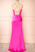 Spaghetti Straps Fuchsia Ruched Satin Long Prom Dresses With Split