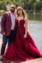 V Neck Burgundy Lace Long Prom Dress A Line Party Dress with Applique