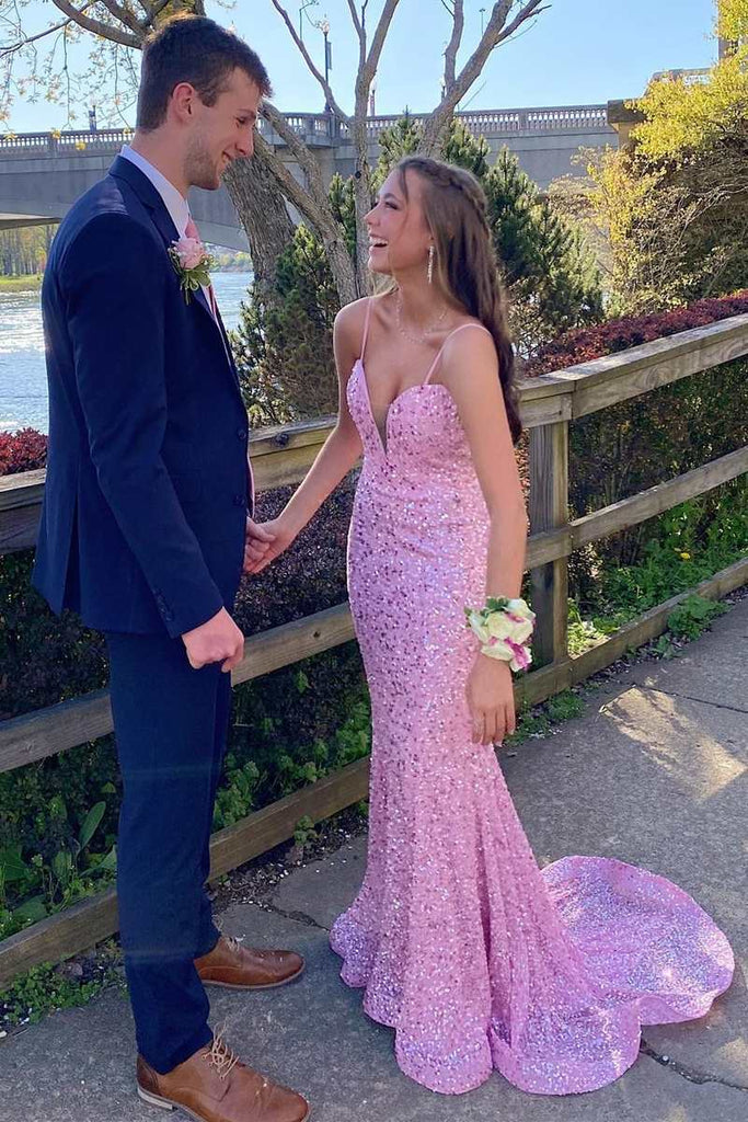 Sparkly Straps Pink V Neck Mermaid Prom Dress, Sequin Graduation Dress