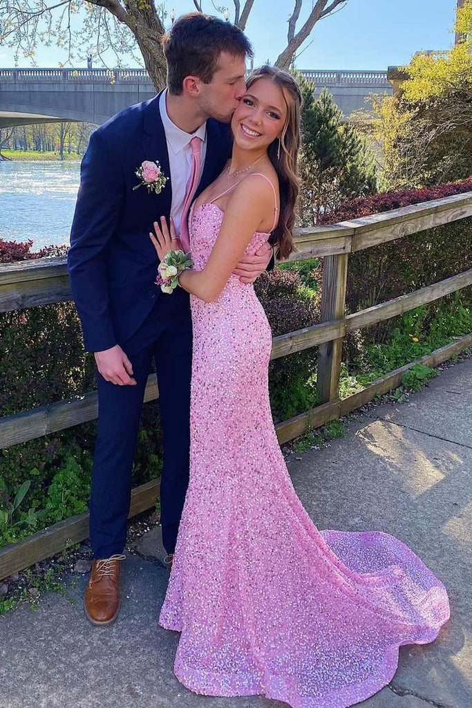 Sparkly Straps Pink V Neck Mermaid Prom Dress, Sequin Graduation Dress