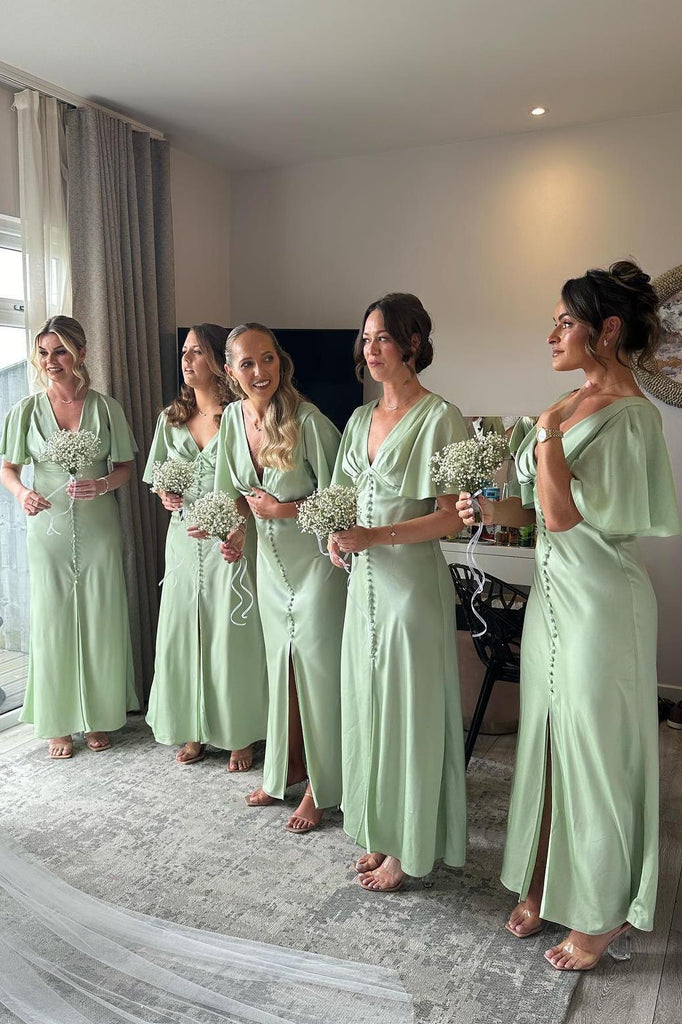 Green Flare Sleeves Satin A Line Long Bridesmaid Dresses with Slit