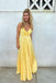 Spaghetti Straps A Line Yellow V Neck Satin Long Prom Dresses With Pleats