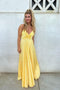 Spaghetti Straps A Line Yellow V Neck Satin Long Prom Dresses With Pleats