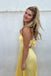 Spaghetti Straps A Line Yellow V Neck Satin Long Prom Dresses With Pleats