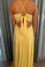 Spaghetti Straps A Line Yellow V Neck Satin Long Prom Dresses With Pleats