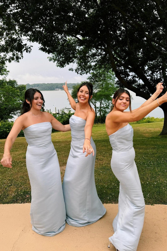 Strapless Light Blue Backless Long Bridesmaid Dresses with Ruched