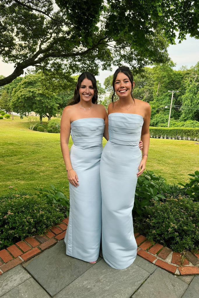 Strapless Light Blue Backless Long Bridesmaid Dresses with Ruched