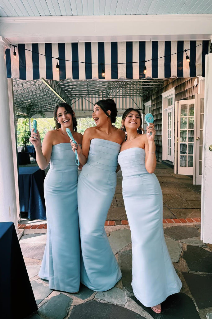 Strapless Light Blue Backless Long Bridesmaid Dresses with Ruched