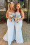 Strapless Light Blue Backless Long Bridesmaid Dresses with Ruched