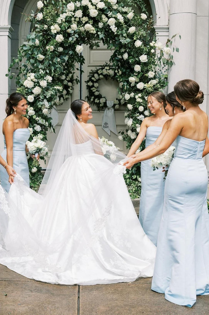 Strapless Light Blue Backless Long Bridesmaid Dresses with Ruched