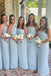 Strapless Light Blue Backless Long Bridesmaid Dresses with Ruched