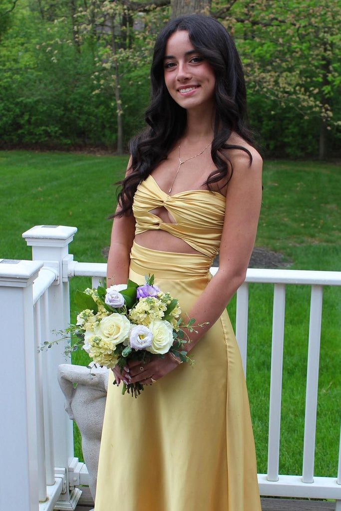 Strapless Yellow Sweetheart Prom Dress A-Line Fitted Satin Evening Dress