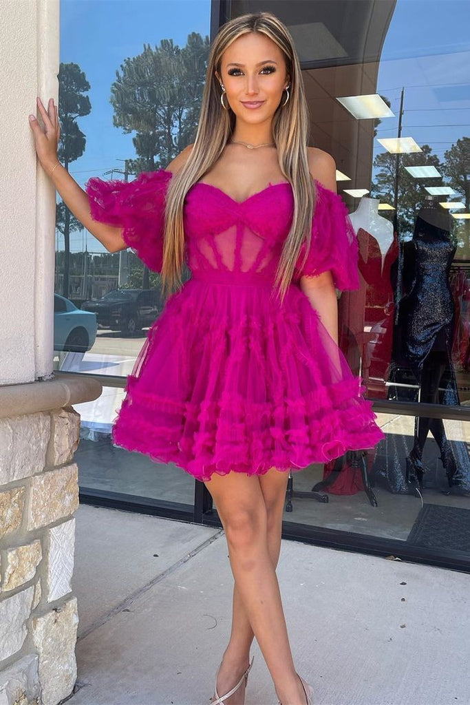 Off the shoulder Pink Ruffles Short Homecoming Dress With Balloon Sleeves