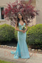 Halter Light Blue Mermaid Long Prom Dress V Neck Backless Party Dress