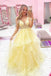 V Neck Yellow A Line Tulle Princess Long Prom Dress with Applique