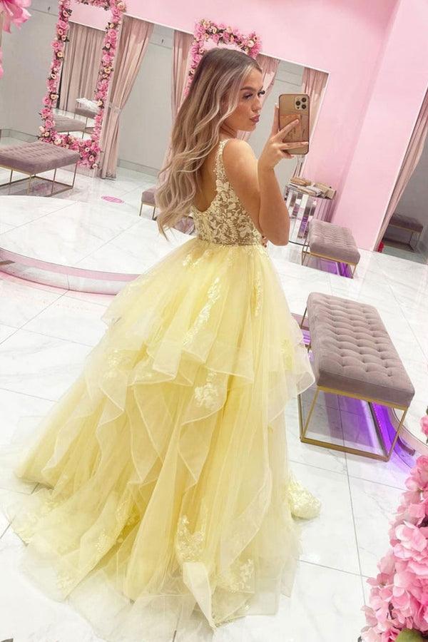 V Neck Yellow A Line Tulle Princess Long Prom Dress with Applique