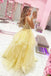 V Neck Yellow A Line Tulle Princess Long Prom Dress with Applique