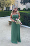 Spaghetti Straps Green A Line Chiffon Long Bridesmaid Dresses with Slit