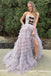 Strapless Polka Dots A Line Prom Dress Keyhole Slit Evening Dress with Tiered