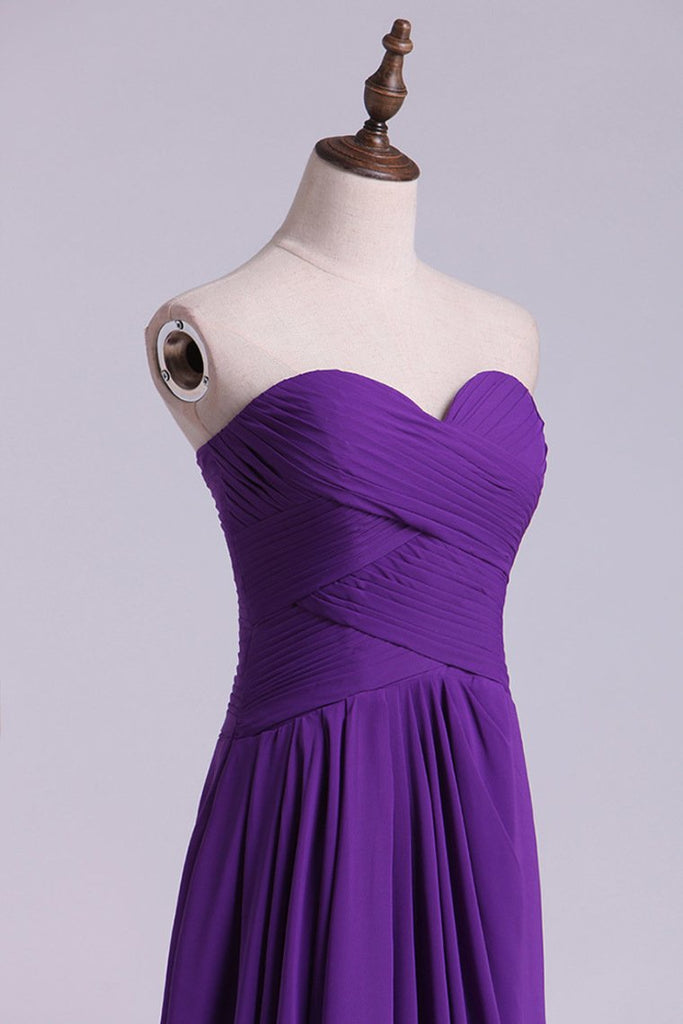 Sweetheart Purple A Line Pleated Long Prom Evening Dress With Slit