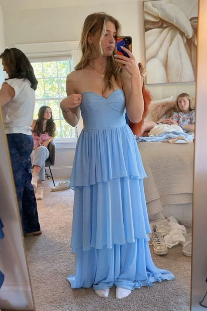 Sweetheart Blue A Line Prom Dress Chiffon Ruffles Evening Dress with Layers