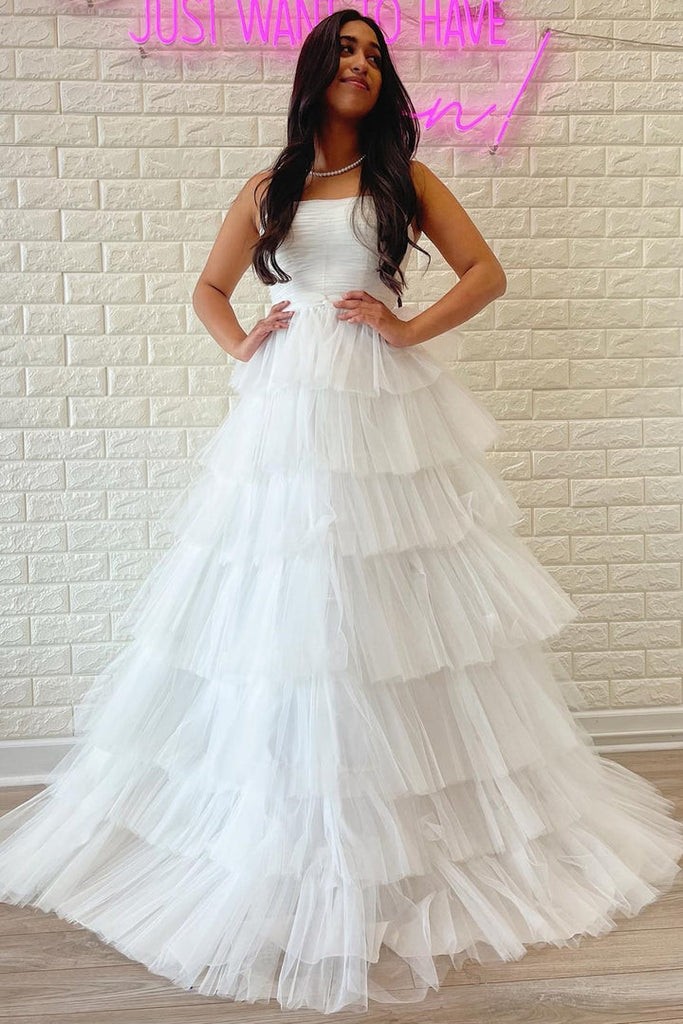 Strapless White A Line Prom Dress Princess Tulle Evening Dress with Ruffles