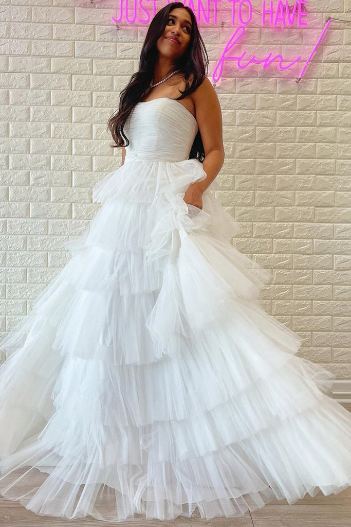 Strapless White A Line Prom Dress Princess Tulle Evening Dress with Ruffles