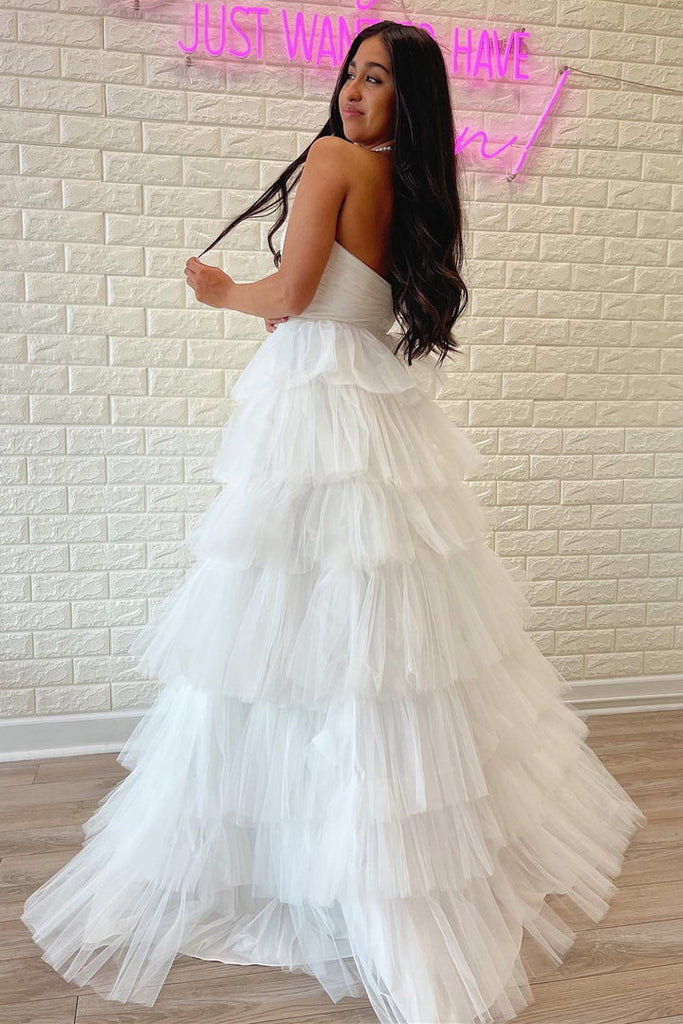 Strapless White A Line Prom Dress Princess Tulle Evening Dress with Ruffles