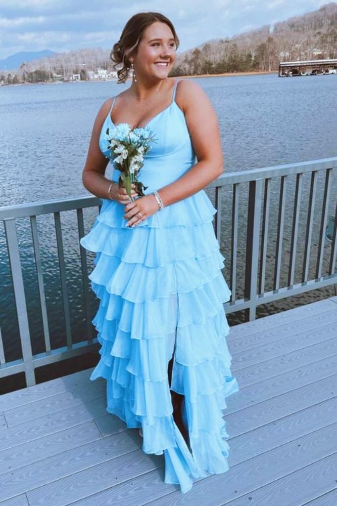 Spaghetti Straps Light Blue Prom Dress A-Line Layers Chiffon Evening Dress