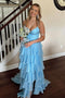 Spaghetti Straps Light Blue Prom Dress A-Line Layers Chiffon Evening Dress