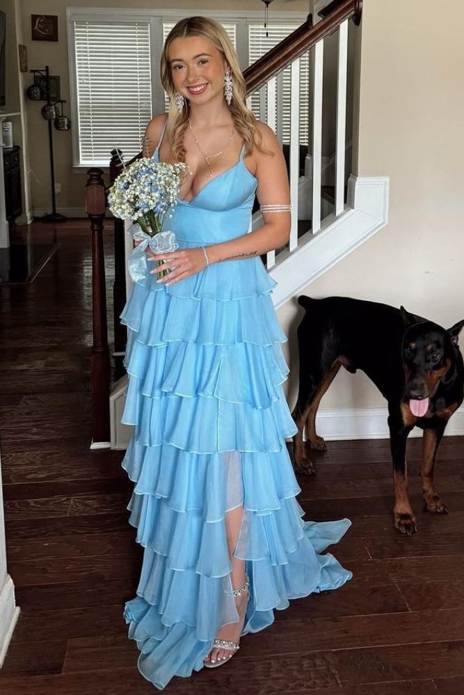 Spaghetti Straps Light Blue Prom Dress A-Line Layers Chiffon Evening Dress