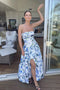 Strapless Floral Print Sleeveless Long Prom Dress Slit Evening Dress