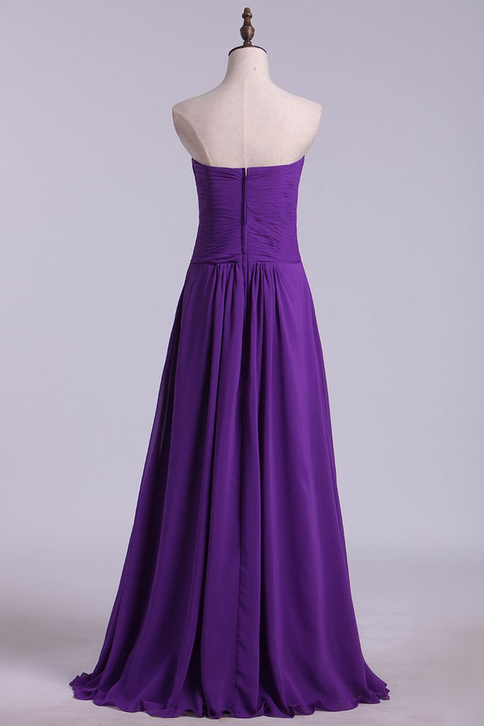 Sweetheart Purple A Line Pleated Long Prom Evening Dress With Slit