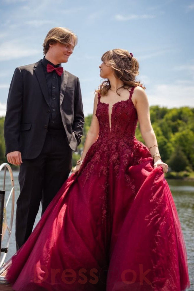 V Neck Burgundy Lace Long Prom Dress A Line Party Dress with Applique